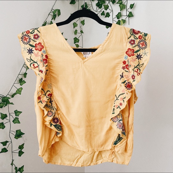 Tops - Mustard Yellow Embroidered Ruffled Sleeve Top